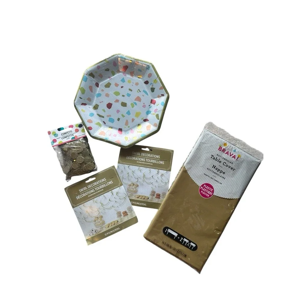 Party Supplies Bundle Rainbow Confetti Terrazzo Plates Gold Tablecloth & Decor